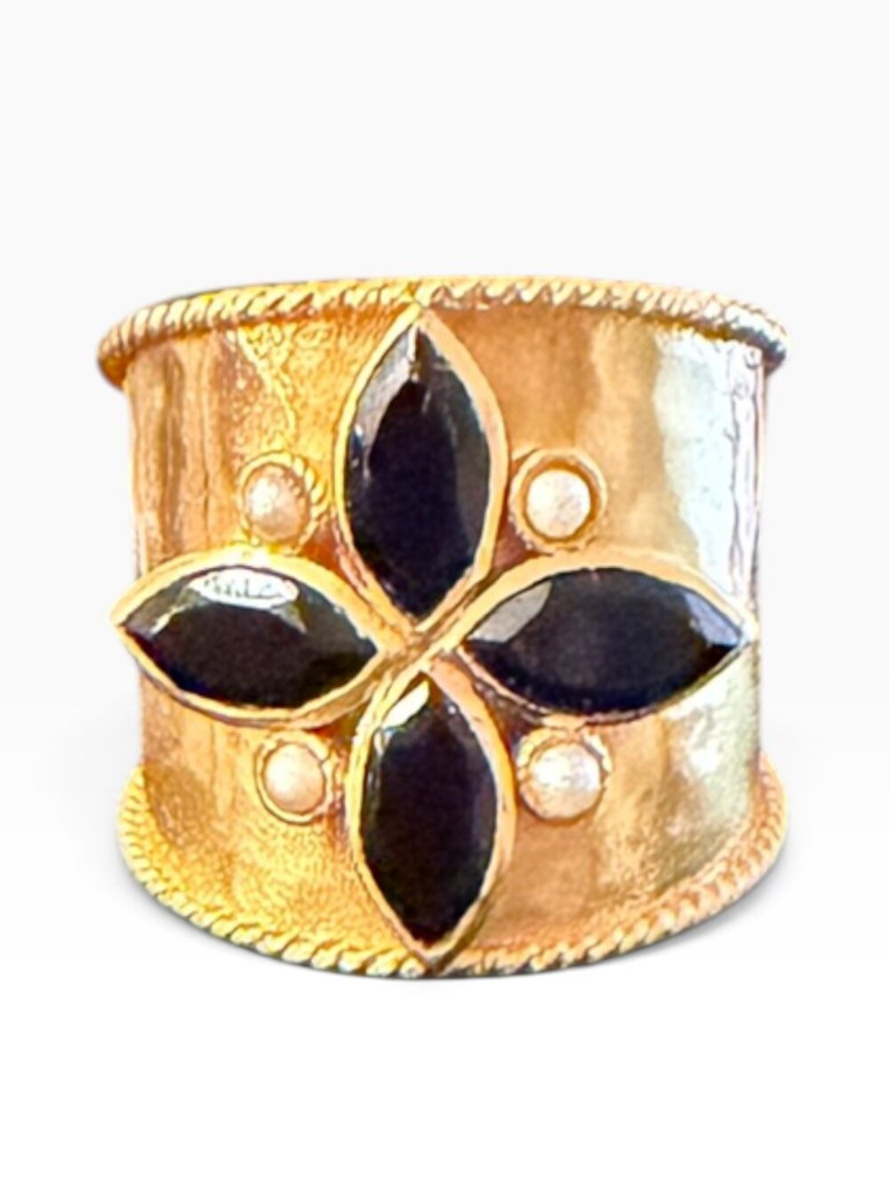 Julie Vos Tudor Statement Band Ring Gold Black Obsidian Size 7